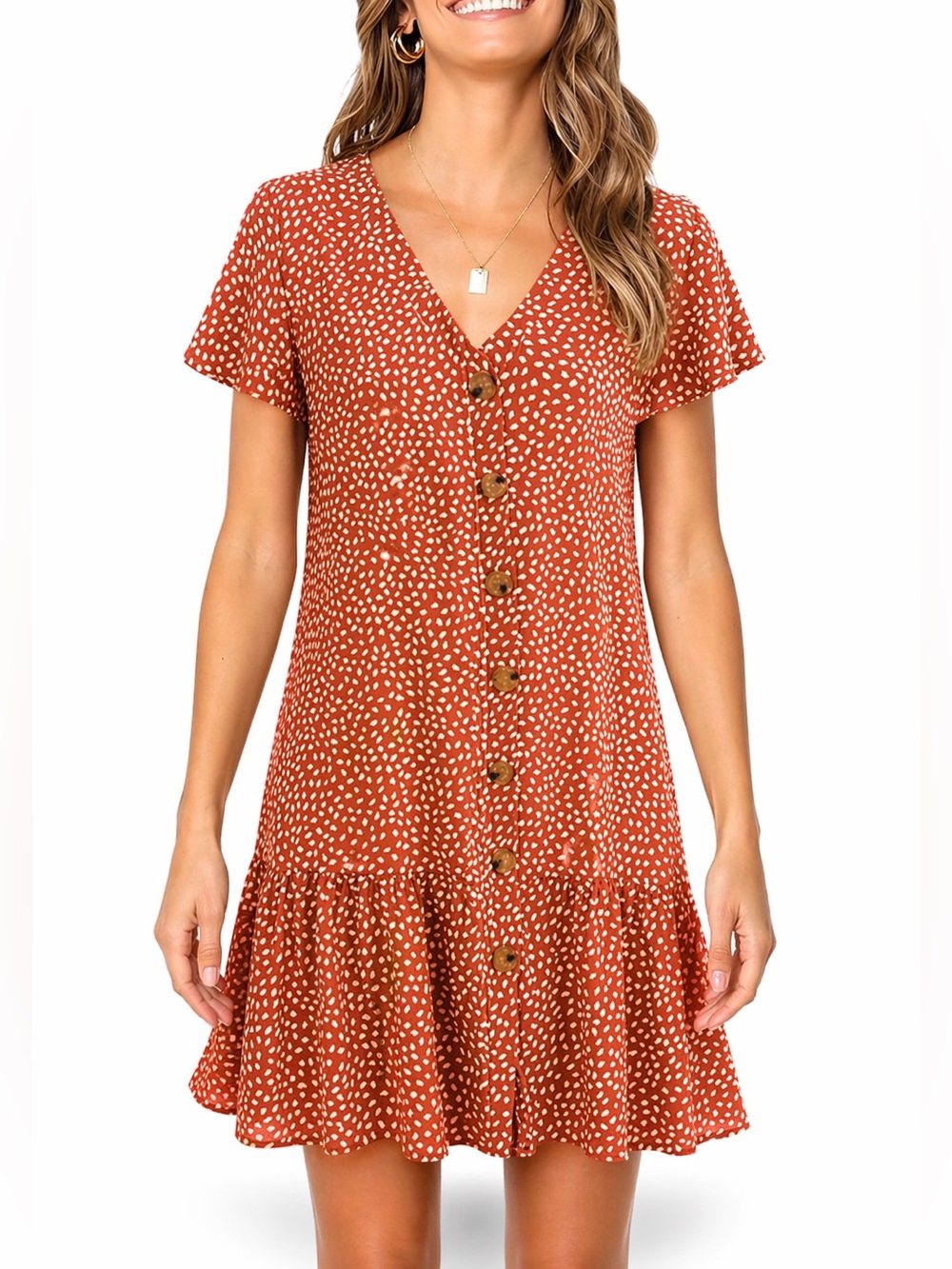 Terracotta Polka Dot Mini Dress Button Front Ruffle Hem Boho Summer V-Neck
